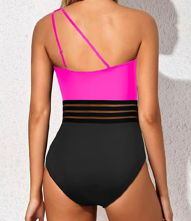 Pink - Black Tummy Control One-Shoulder One-Piece Swimsuit