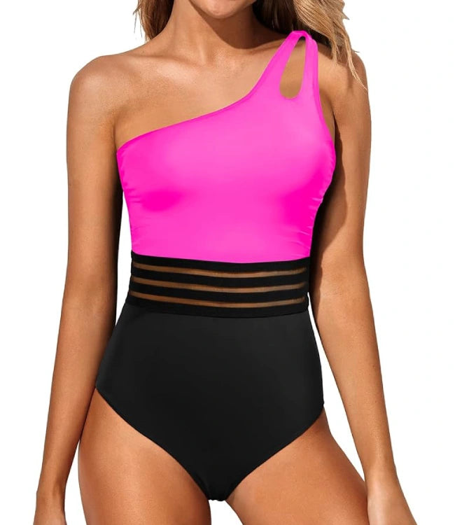 Pink - Black Tummy Control One-Shoulder One-Piece Swimsuit