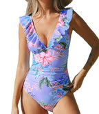 V-Neck One-Piece Swimsuit with Ruffle Detail and Lace-Up Front