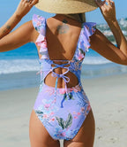 V-Neck One-Piece Swimsuit with Ruffle Detail and Lace-Up Front