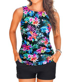 Aqua Floral High-Neck Swimsuit with Side Pockets