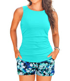 Aqua Floral High-Neck Swimsuit with Side Pockets