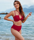 Red Tummy Control Two-Piece Swimsuit with Full Coverage Bottoms