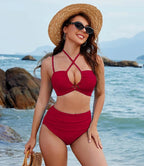 Red Tummy Control Two-Piece Swimsuit with Full Coverage Bottoms