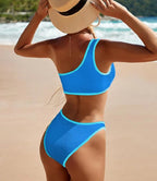 Blue Ribbed One-Shoulder Top with Mid-Waist Two-Piece