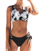 Black White Two-Piece Deep V-Neck Swimsuit