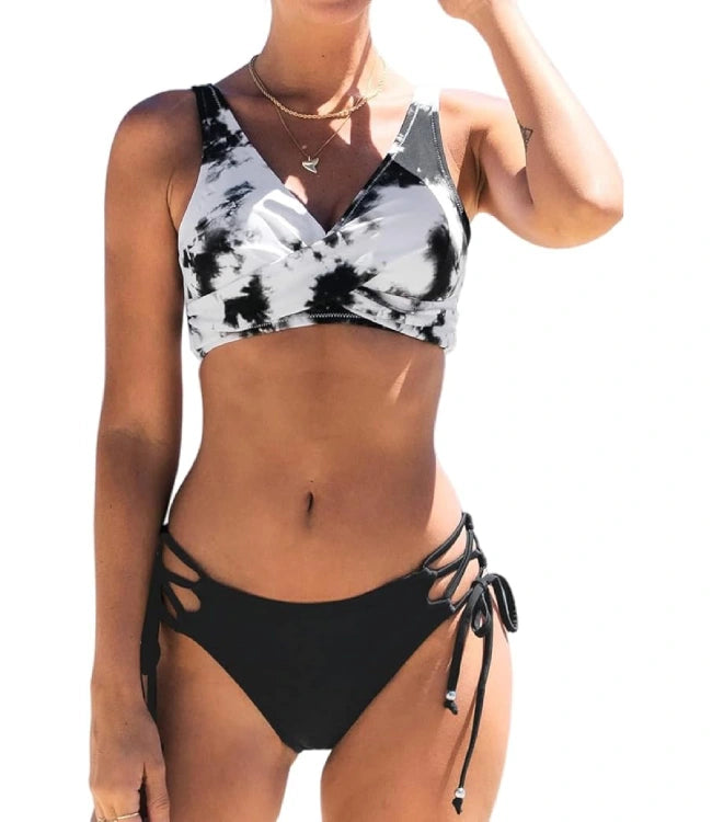 Black White Two-Piece Deep V-Neck Swimsuit