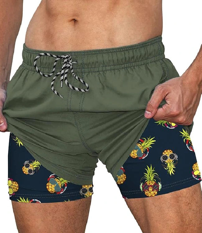 Green Quick-Dry Board Shorts with Liner & Elastic Waist