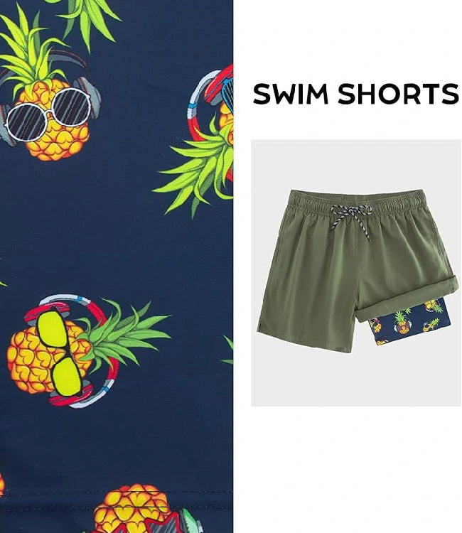 Green Quick-Dry Board Shorts with Liner & Elastic Waist