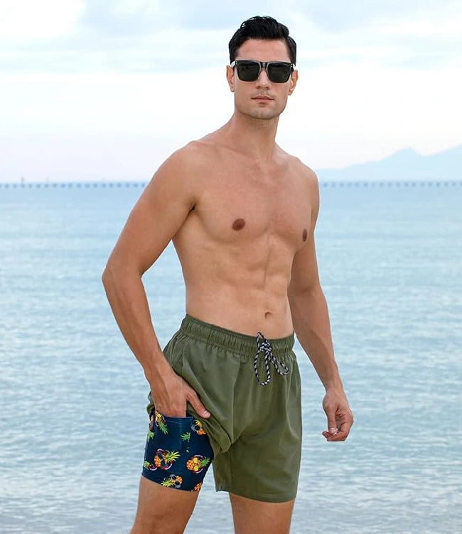 Green Quick-Dry Board Shorts with Liner & Elastic Waist