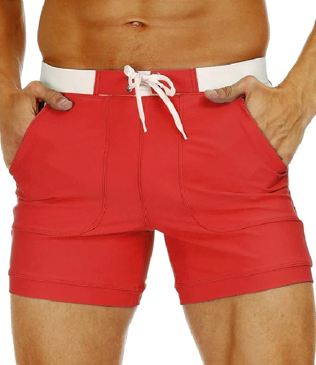 Red Quick-Dry Board Shorts with Mesh Lining & Pockets