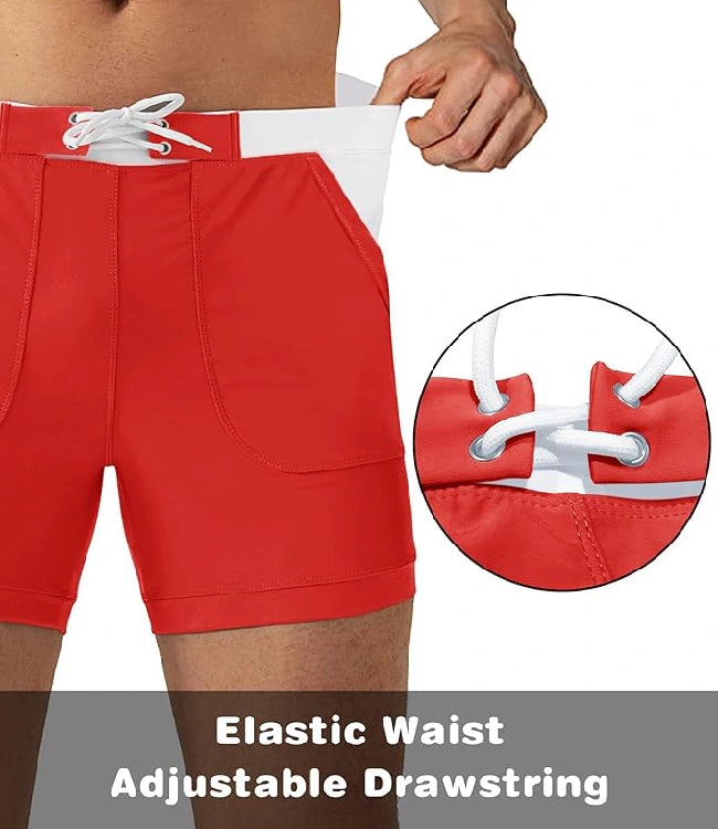 Red Quick-Dry Board Shorts with Mesh Lining & Pockets
