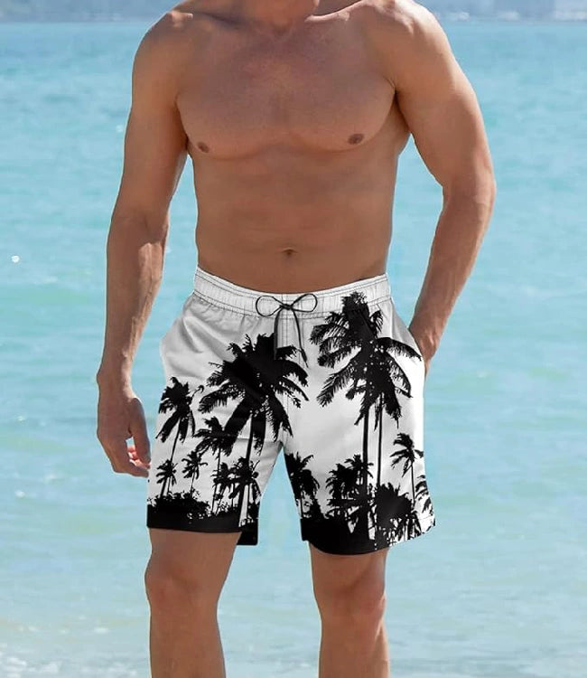Black White Board Shorts with Mesh Lining, Drawstring & Pockets