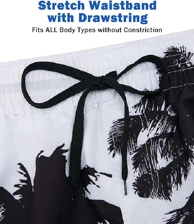 Black White Board Shorts with Mesh Lining, Drawstring & Pockets