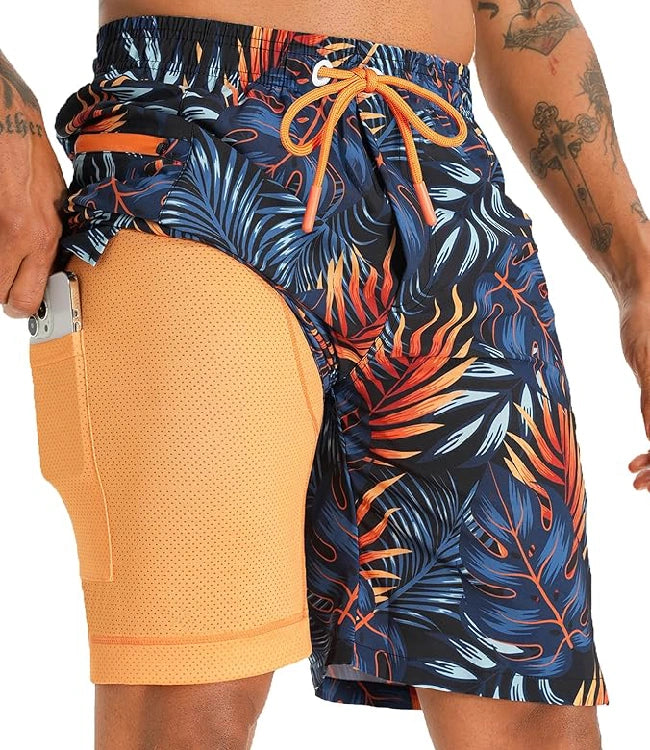 Blue Orange Swim Trunks Quick-Dry Swim with Compression Liner & Zip Pocket