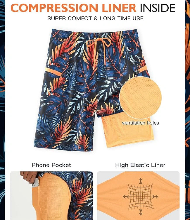 Blue Orange Swim Trunks Quick-Dry Swim with Compression Liner & Zip Pocket