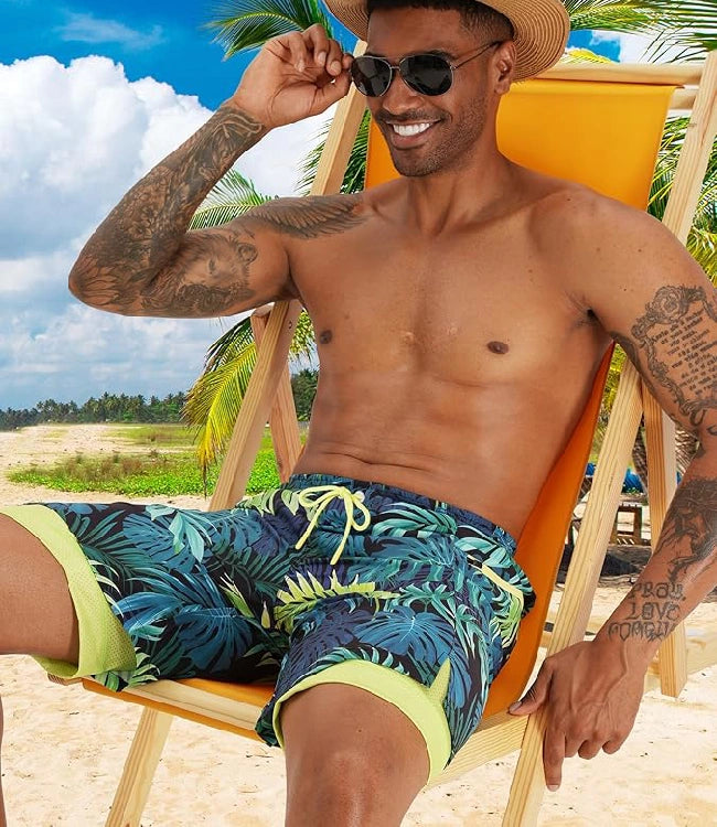 Blue Green Swim Trunks Quick-Dry Swim with Compression Liner & Zip Pocket