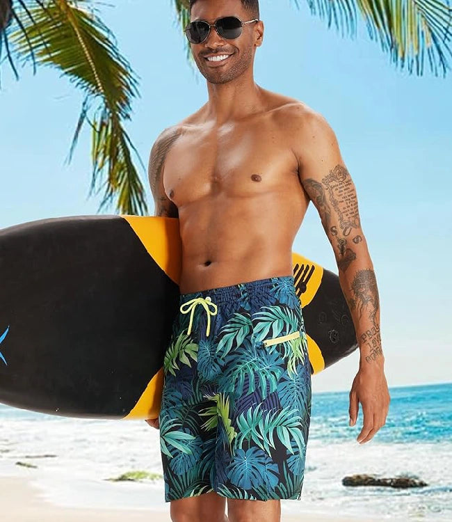 Blue Green Swim Trunks Quick-Dry Swim with Compression Liner & Zip Pocket