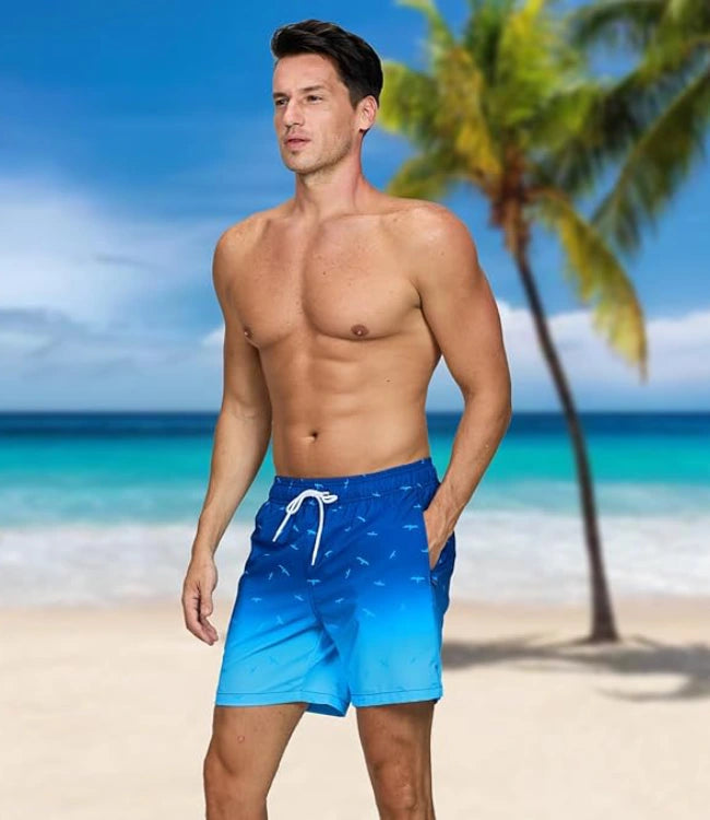 Gradient Quick-Dry Swimming Trunks with Mesh Lining & Zipper Pockets