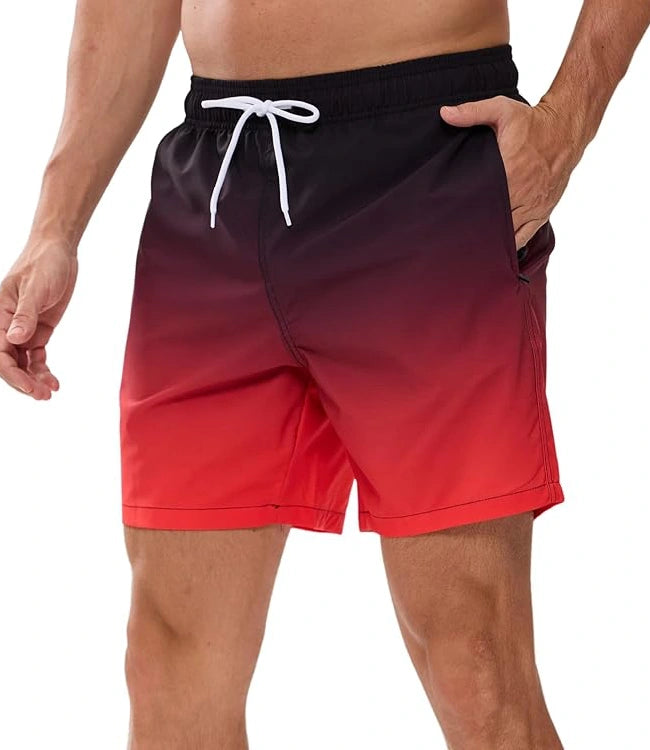 Red Gradient Quick-Dry Swimming Trunks with Mesh Lining & Zipper Pockets