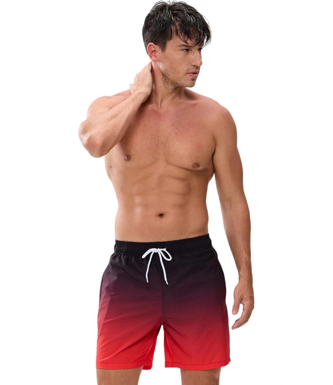 Red Gradient Quick-Dry Swimming Trunks with Mesh Lining & Zipper Pockets
