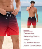 Red Gradient Quick-Dry Swimming Trunks with Mesh Lining & Zipper Pockets