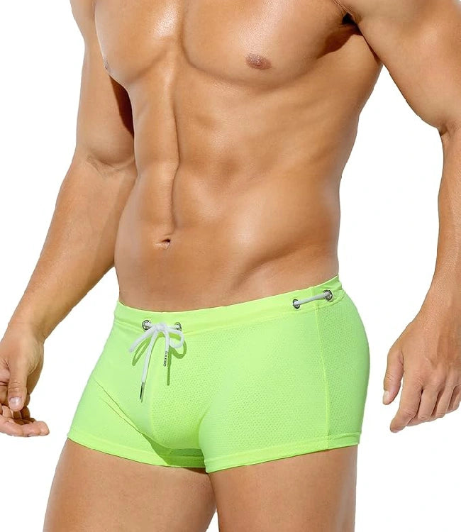 Neon Green Quick-Dry Swim Shorts with Drawstring Waist