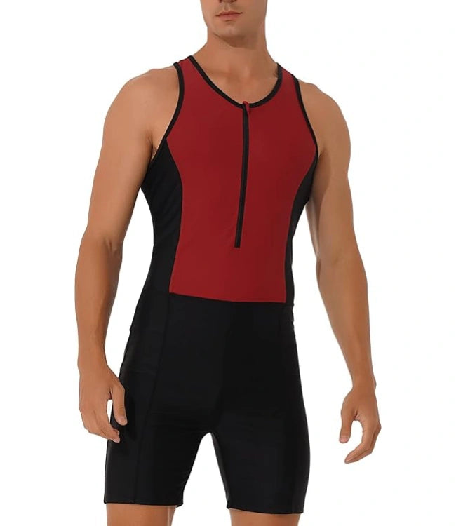 Red Black Men’s One-Piece Rash Guard Swimsuit