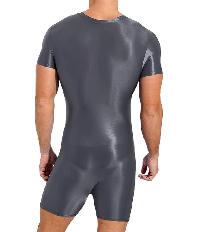 Grey Bodysuit Glossy Silky One Piece Smooth Shorts Jumpsuit