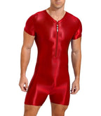Red Bodysuit Glossy Silky One Piece Smooth Shorts Jumpsuit