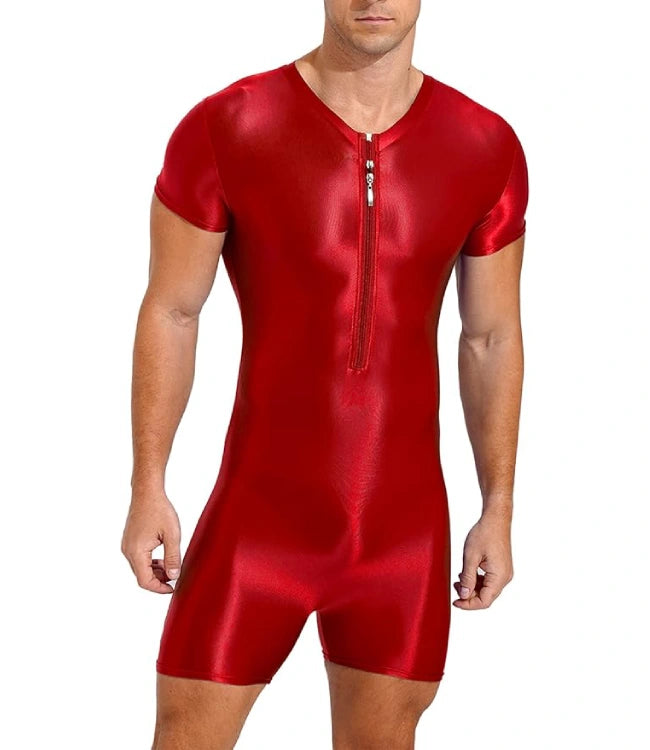 Red Bodysuit Glossy Silky One Piece Smooth Shorts Jumpsuit