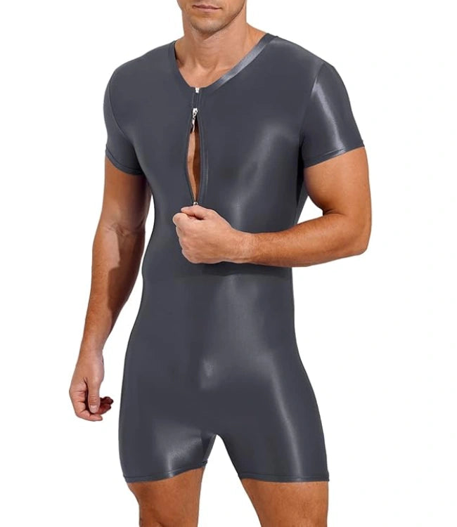 Grey Bodysuit Glossy Silky One Piece Smooth Shorts Jumpsuit