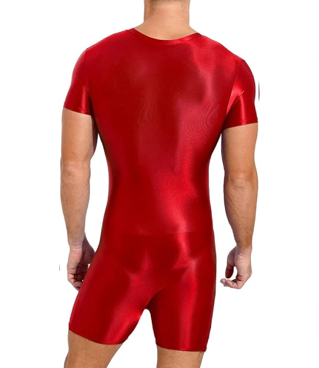 Red Bodysuit Glossy Silky One Piece Smooth Shorts Jumpsuit