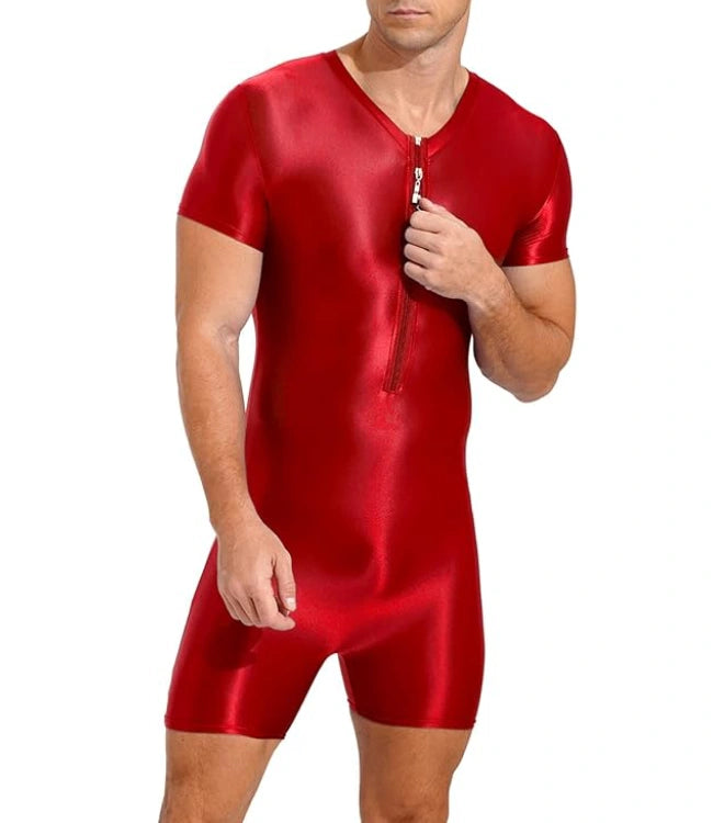 Red Bodysuit Glossy Silky One Piece Smooth Shorts Jumpsuit