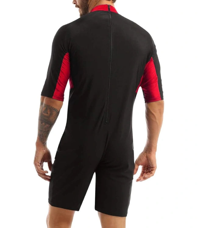 Red Black Short-Sleeve Color Block Shorty Wetsuit
