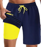 Blue-Neon Green Quick Dry Swim Shorts with Compression Liner & Pockets