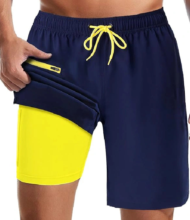 Blue-Neon Green Quick Dry Swim Shorts with Compression Liner & Pockets