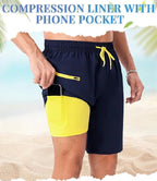 Blue-Neon Green Quick Dry Swim Shorts with Compression Liner & Pockets