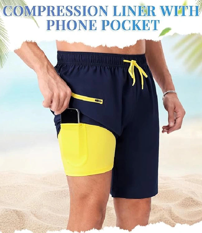 Blue-Neon Green Quick Dry Swim Shorts with Compression Liner & Pockets