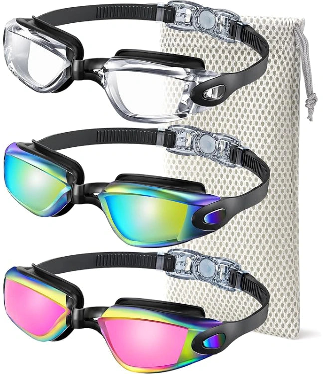 Anti-Fog Pool Goggles with UV400 Protection & No-Leak Seal - Pack of 3