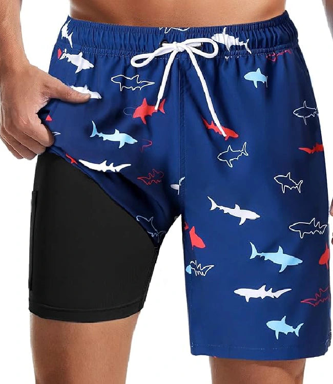Blue-Black Quick Dry Swim Shorts with Compression Liner & Pockets