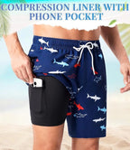 Blue-Black Quick Dry Swim Shorts with Compression Liner & Pockets
