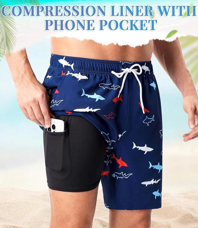 Blue-Black Quick Dry Swim Shorts with Compression Liner & Pockets