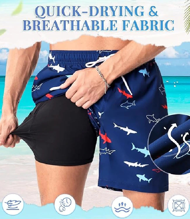 Blue-Black Quick Dry Swim Shorts with Compression Liner & Pockets