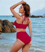 Red Tummy Control Two-Piece Swimsuit with Full Coverage Bottoms