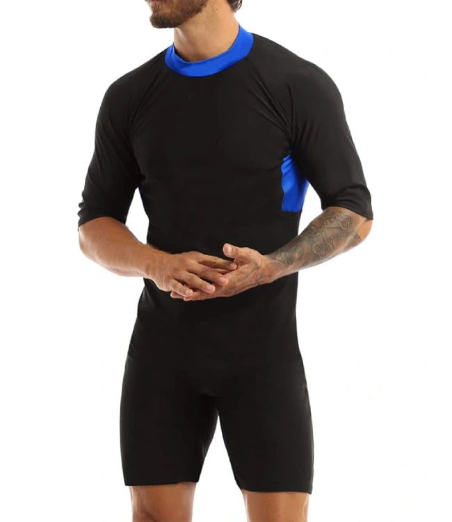 Blue Black Short-Sleeve Color Block Shorty Wetsuit