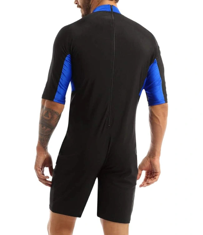 Blue Black Short-Sleeve Color Block Shorty Wetsuit